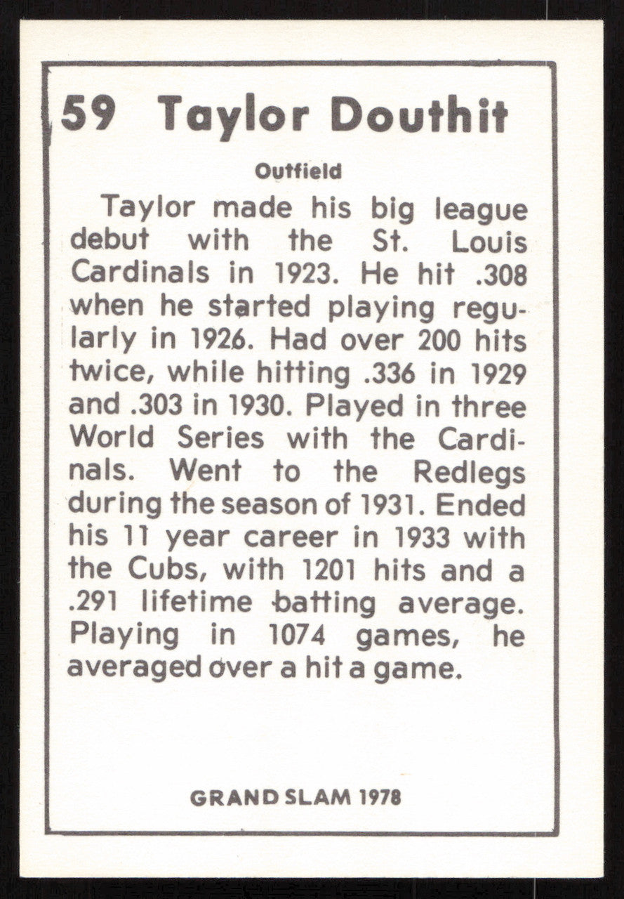 Taylor Douthit Autographed 1978 Grand Slam Card #59 St. Louis Cardinals SKU #264498