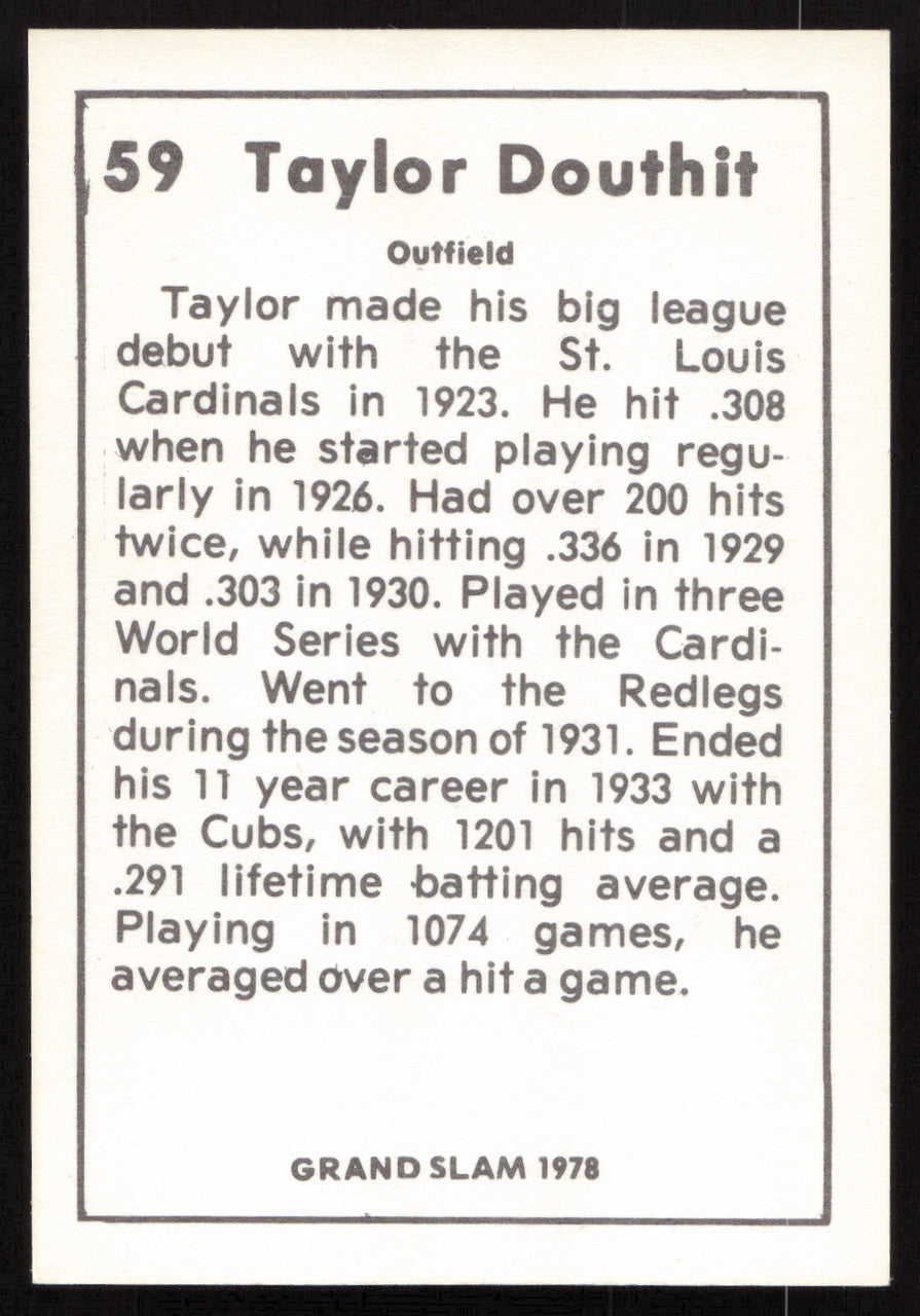 Taylor Douthit Autographed 1978 Grand Slam Card #59 St. Louis Cardinals SKU #264499
