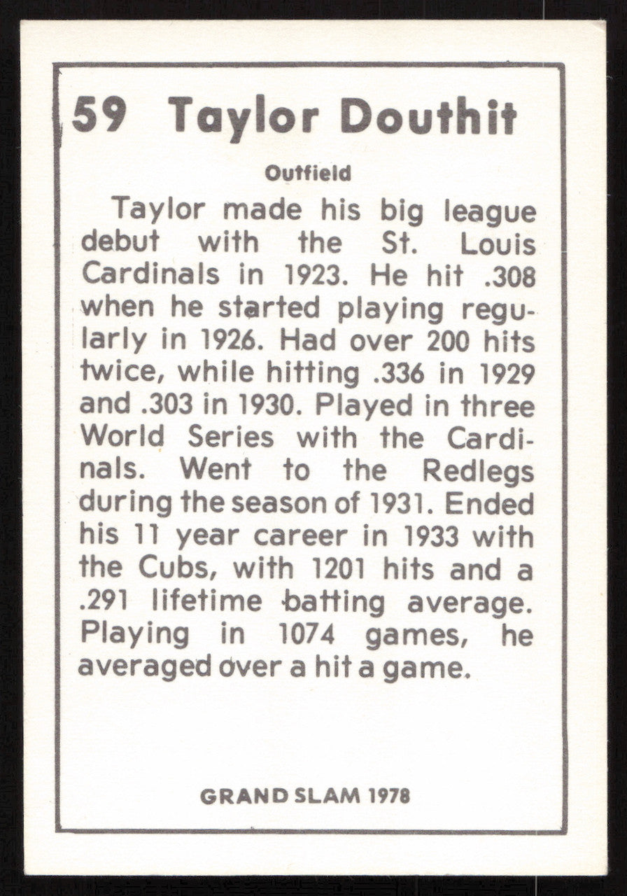 Taylor Douthit Autographed 1978 Grand Slam Card #59 St. Louis Cardinals SKU #264500