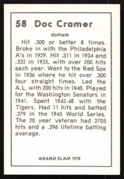 Roger Doc Cramer Autographed 1978 Grand Slam Card #58 Detroit Tigers SKU #264501
