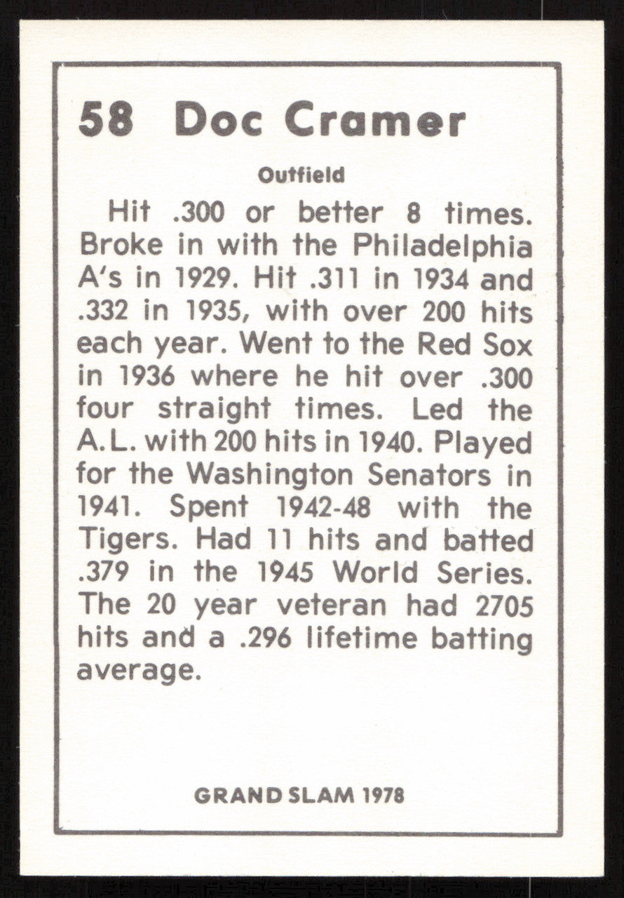 Roger Doc Cramer Autographed 1978 Grand Slam Card #58 Detroit Tigers SKU #264501
