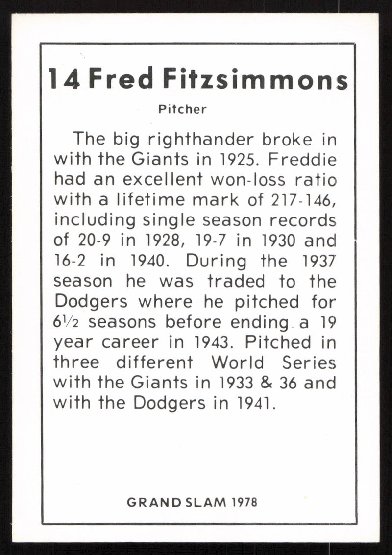 Fred Fitzsimmons Autographed 1978 Grand Slam Card #14 New York Giants SKU #264502