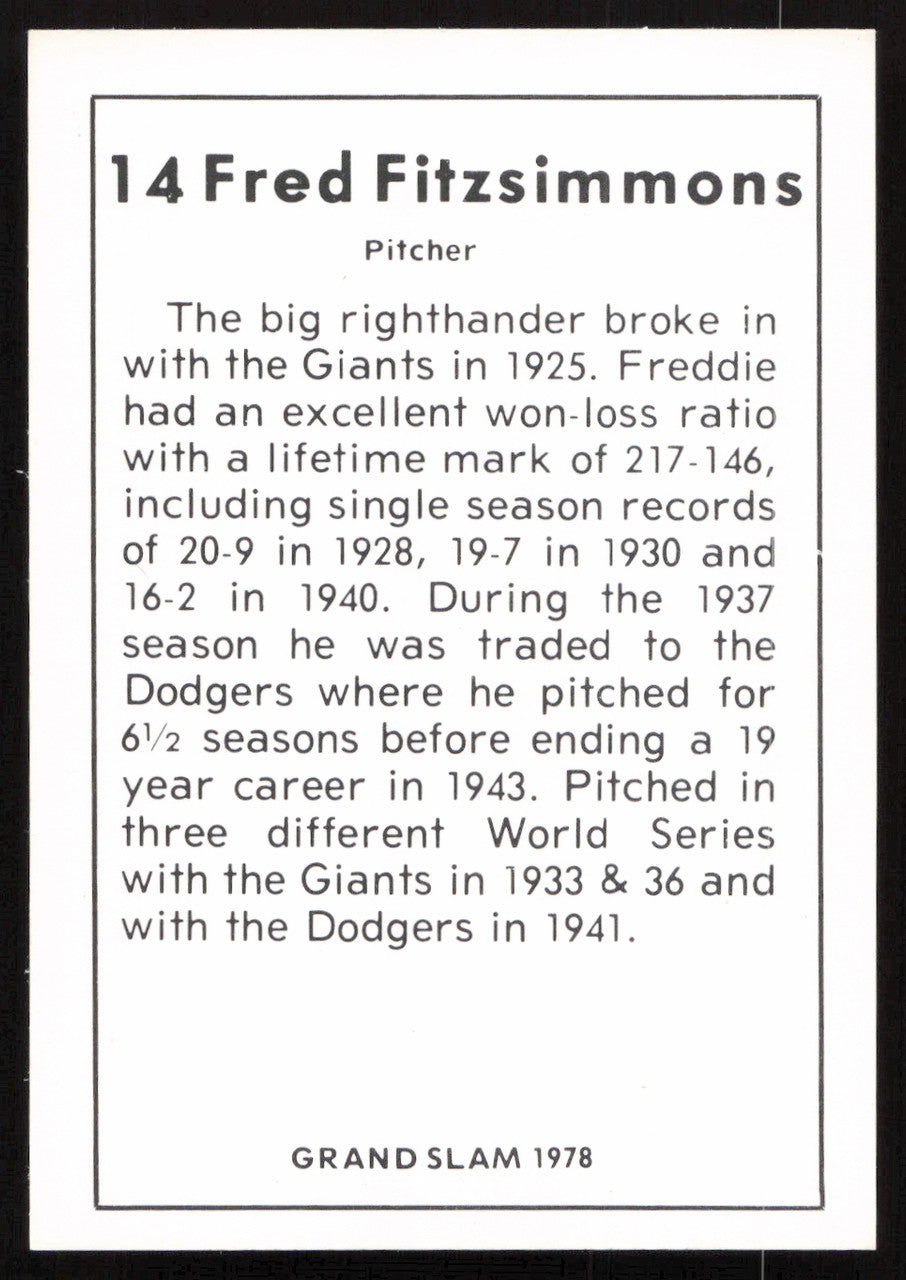 Fred Fitzsimmons Autographed 1978 Grand Slam Card #14 New York Giants SKU #264503