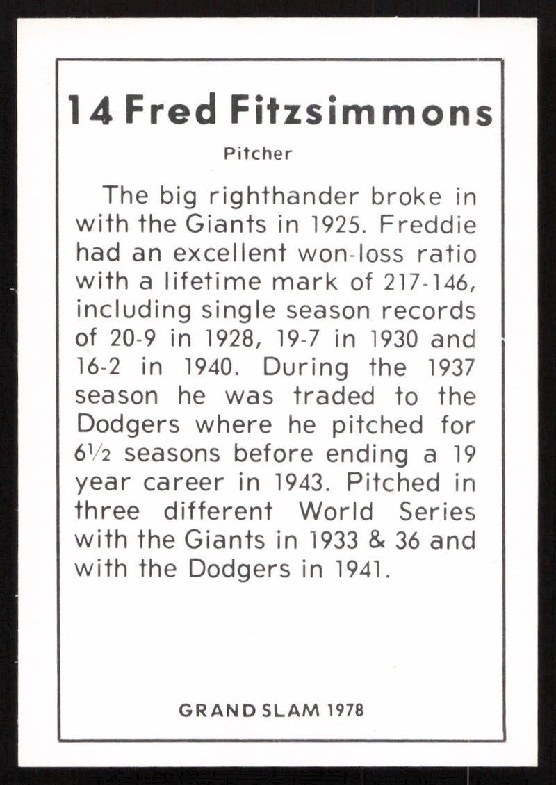 Fred Fitzsimmons Autographed 1978 Grand Slam Card #14 New York Giants SKU #264503