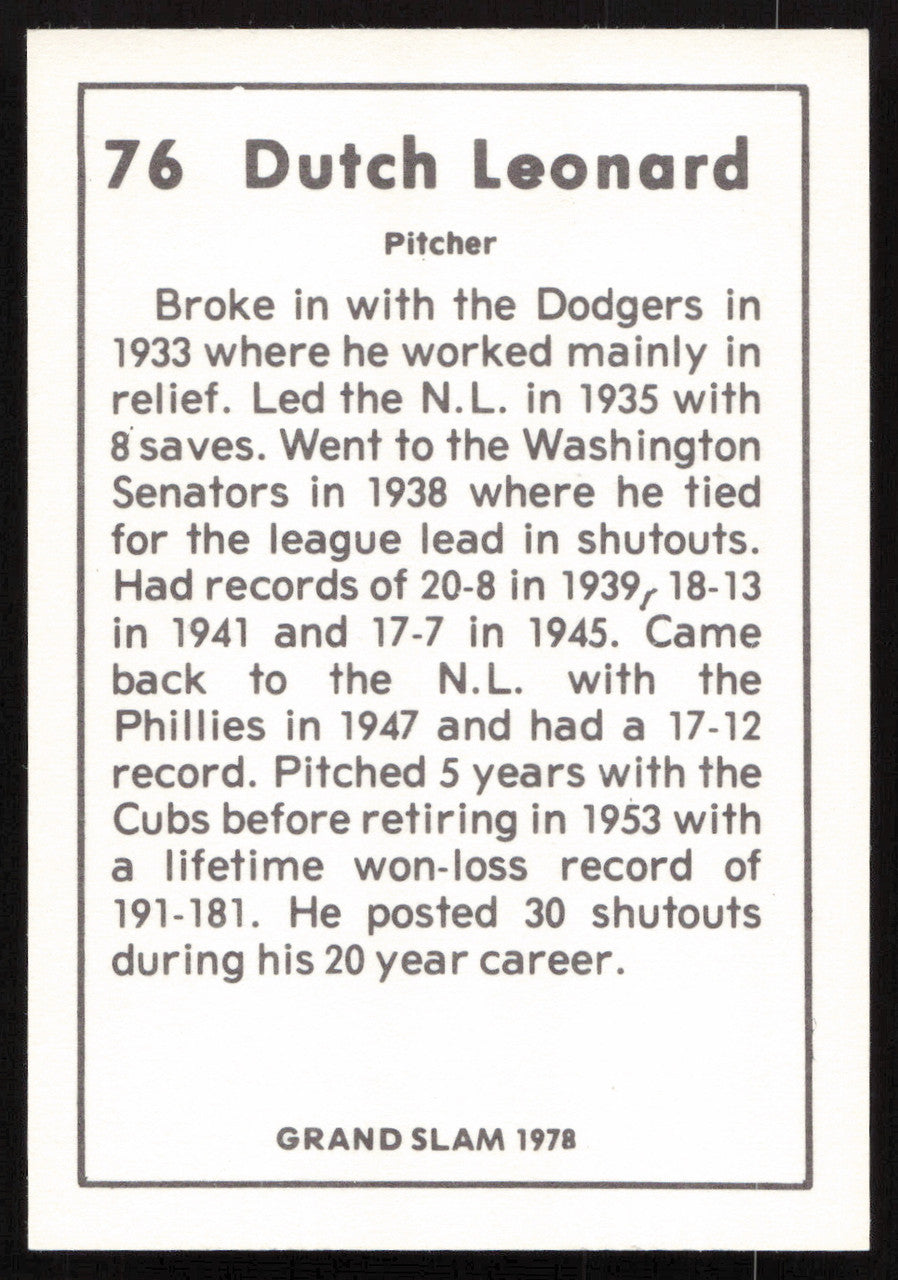 Dutch Leonard Autographed 1978 Grand Slam Card #76 Brooklyn Dodgers SKU #264504