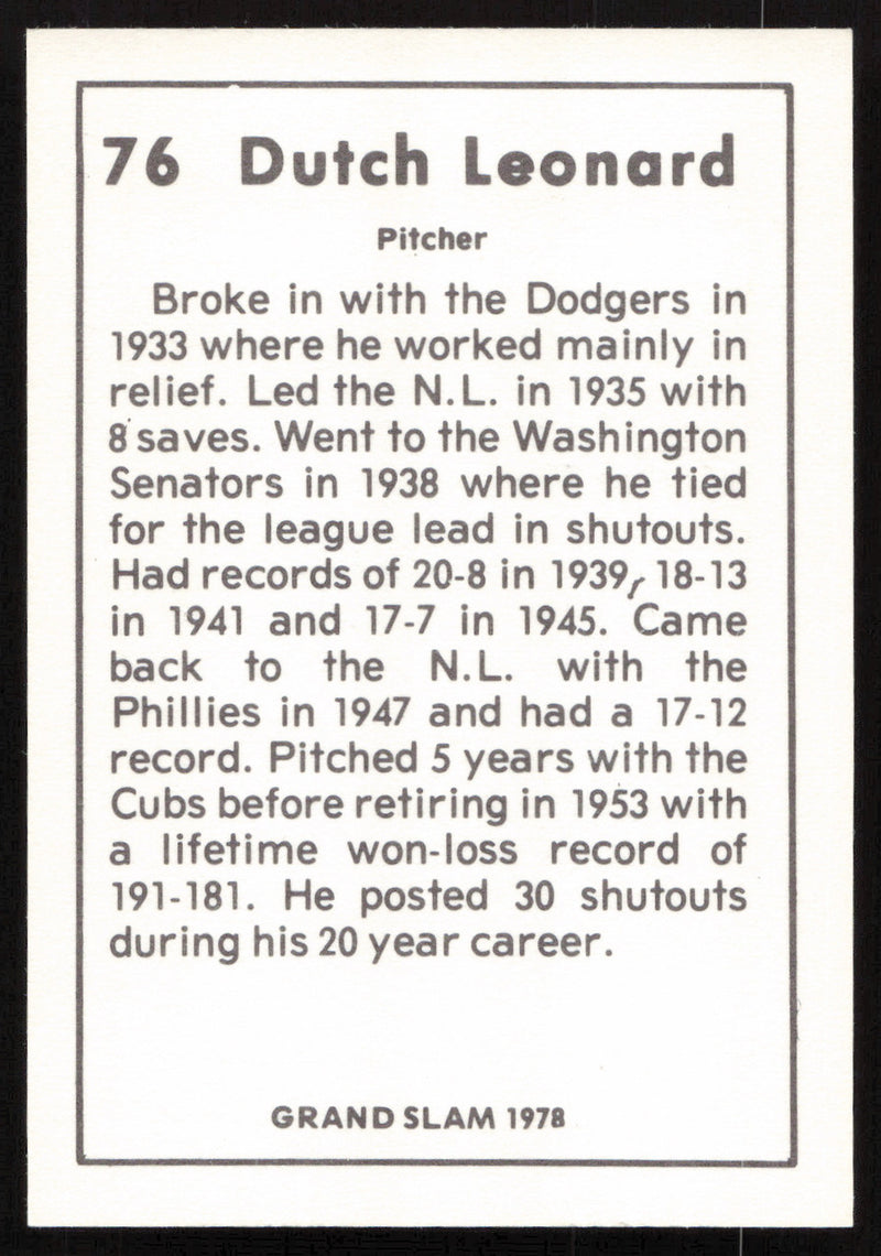 Dutch Leonard Autographed 1978 Grand Slam Card #76 Brooklyn Dodgers SKU #264504