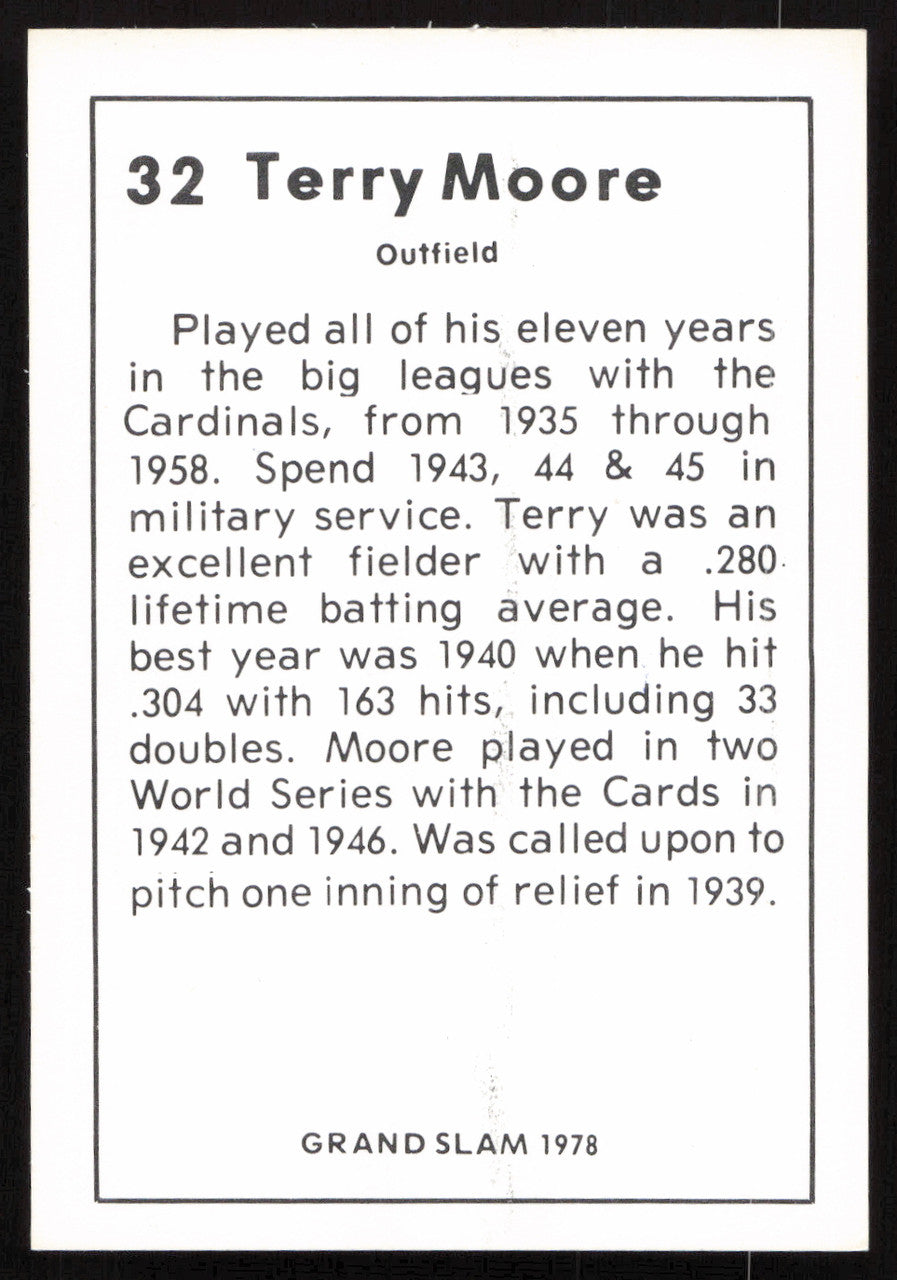Terry Moore Autographed 1978 Grand Slam Card #32 St. Louis Cardinals SKU #264505