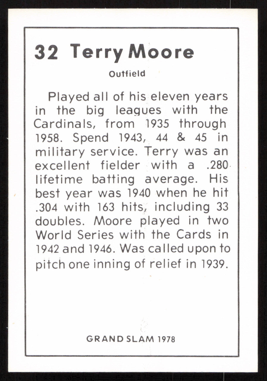 Terry Moore Autographed 1978 Grand Slam Card #32 St. Louis Cardinals SKU #264506