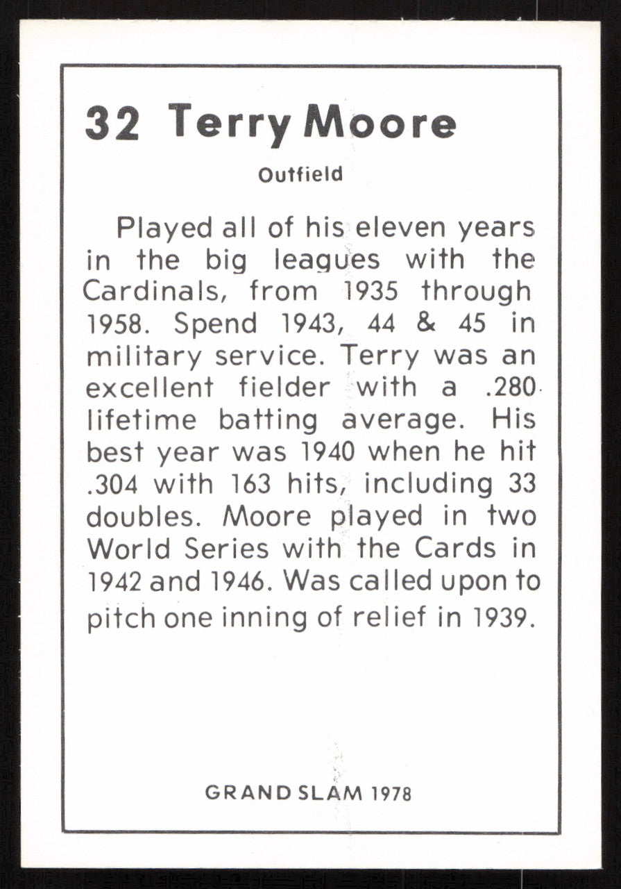 Terry Moore Autographed 1978 Grand Slam Card #32 St. Louis Cardinals SKU #264507