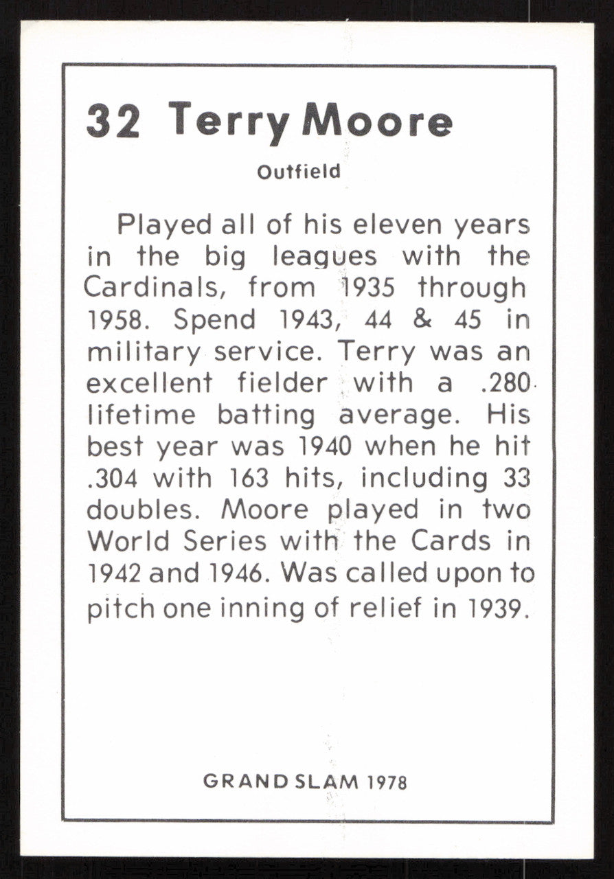 Terry Moore Autographed 1978 Grand Slam Card #32 St. Louis Cardinals SKU #264508