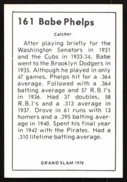 Babe Phelps Autographed 1978 Grand Slam Card #161 Brooklyn Dodgers SKU #264509