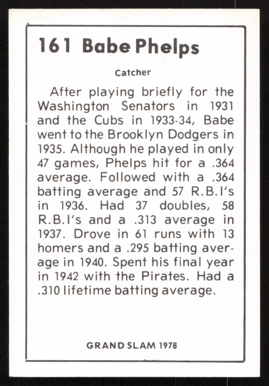 Babe Phelps Autographed 1978 Grand Slam Card #161 Brooklyn Dodgers SKU #264509