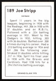 Joe Stripp Autographed 1978 Grand Slam Card #189 Brooklyn Dodgers SKU #264511