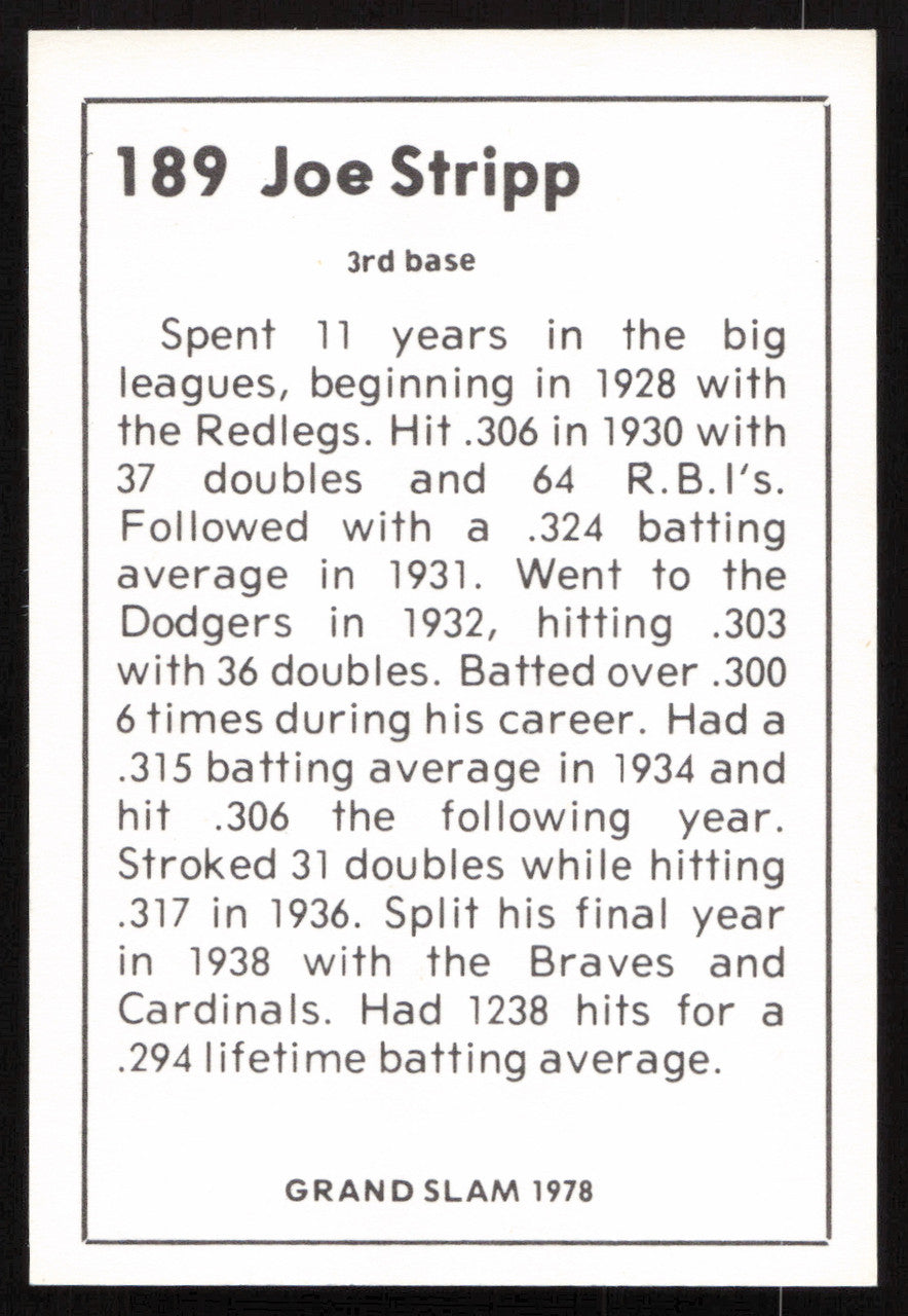 Joe Stripp Autographed 1978 Grand Slam Card #189 Brooklyn Dodgers SKU #264511