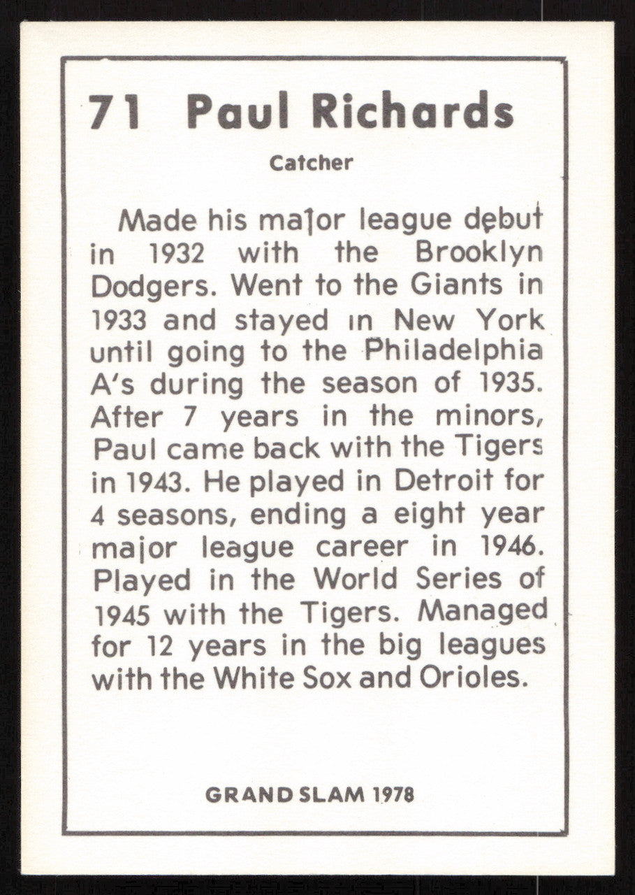 Paul Richards Autographed 1978 Grand Slam Card #71 New York Giants SKU #264512