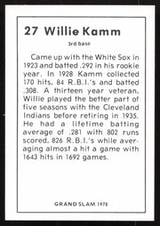 Willie Kamm Autographed 1978 Grand Slam Card #27 Cleveland Indians SKU #264516