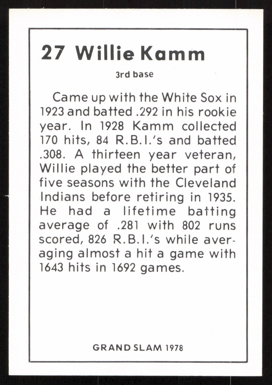 Willie Kamm Autographed 1978 Grand Slam Card #27 Cleveland Indians SKU #264516