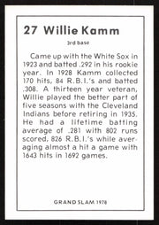 Willie Kamm Autographed 1978 Grand Slam Card #27 Cleveland Indians SKU #264517