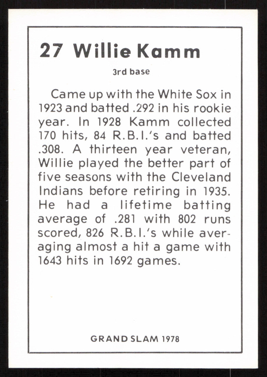 Willie Kamm Autographed 1978 Grand Slam Card #27 Cleveland Indians SKU #264517