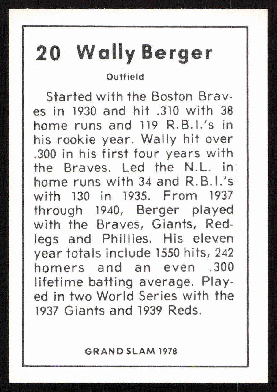 Wally Berger Autographed 1978 Grand Slam Card #20 Boston Braves SKU #264518