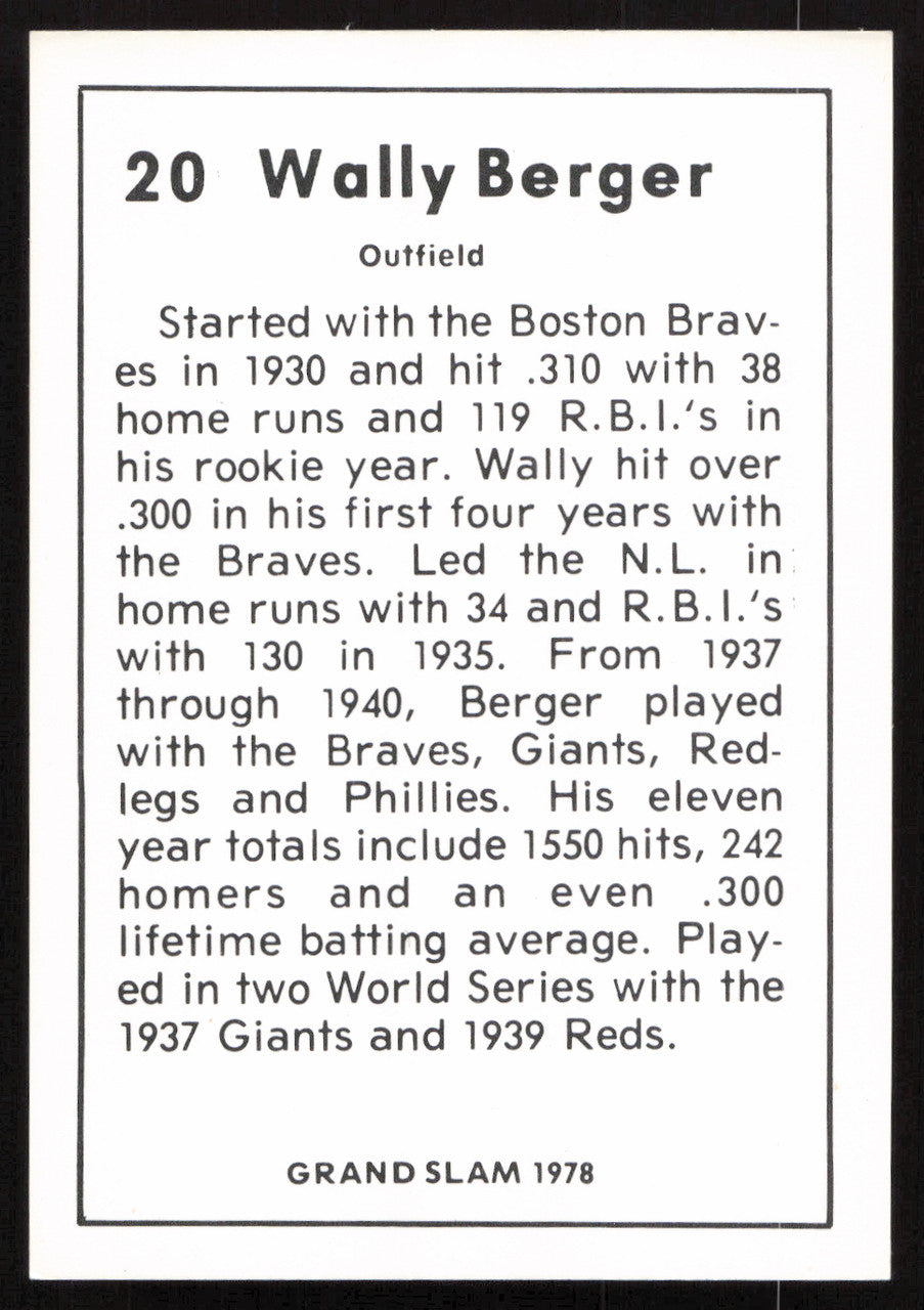 Wally Berger Autographed 1978 Grand Slam Card #20 Boston Braves SKU #264519