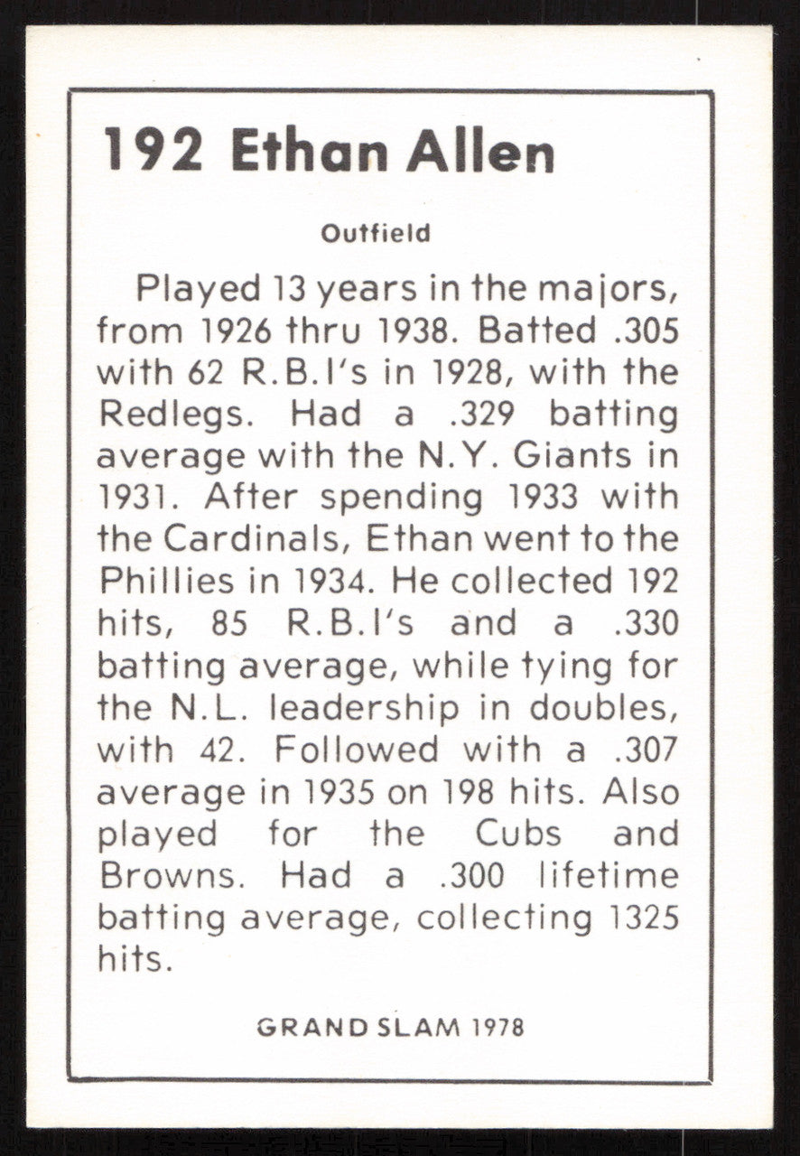 Ethan Allen Autographed 1978 Grand Slam Card #192 Cincinnati Reds SKU #264521