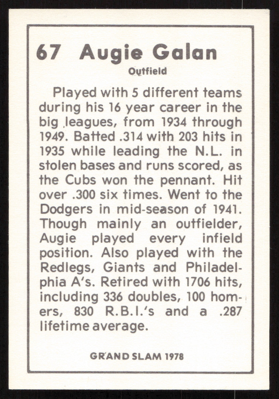 Augie Galan Autographed 1978 Grand Slam Card #67 Chicago Cubs SKU #264522