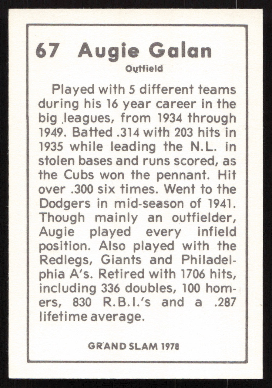 Augie Galan Autographed 1978 Grand Slam Card #67 Chicago Cubs SKU #264523