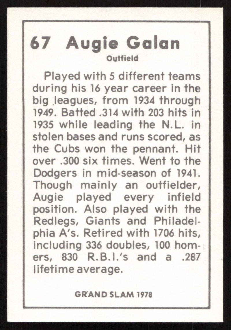 Augie Galan Autographed 1978 Grand Slam Card #67 Chicago Cubs SKU #264523