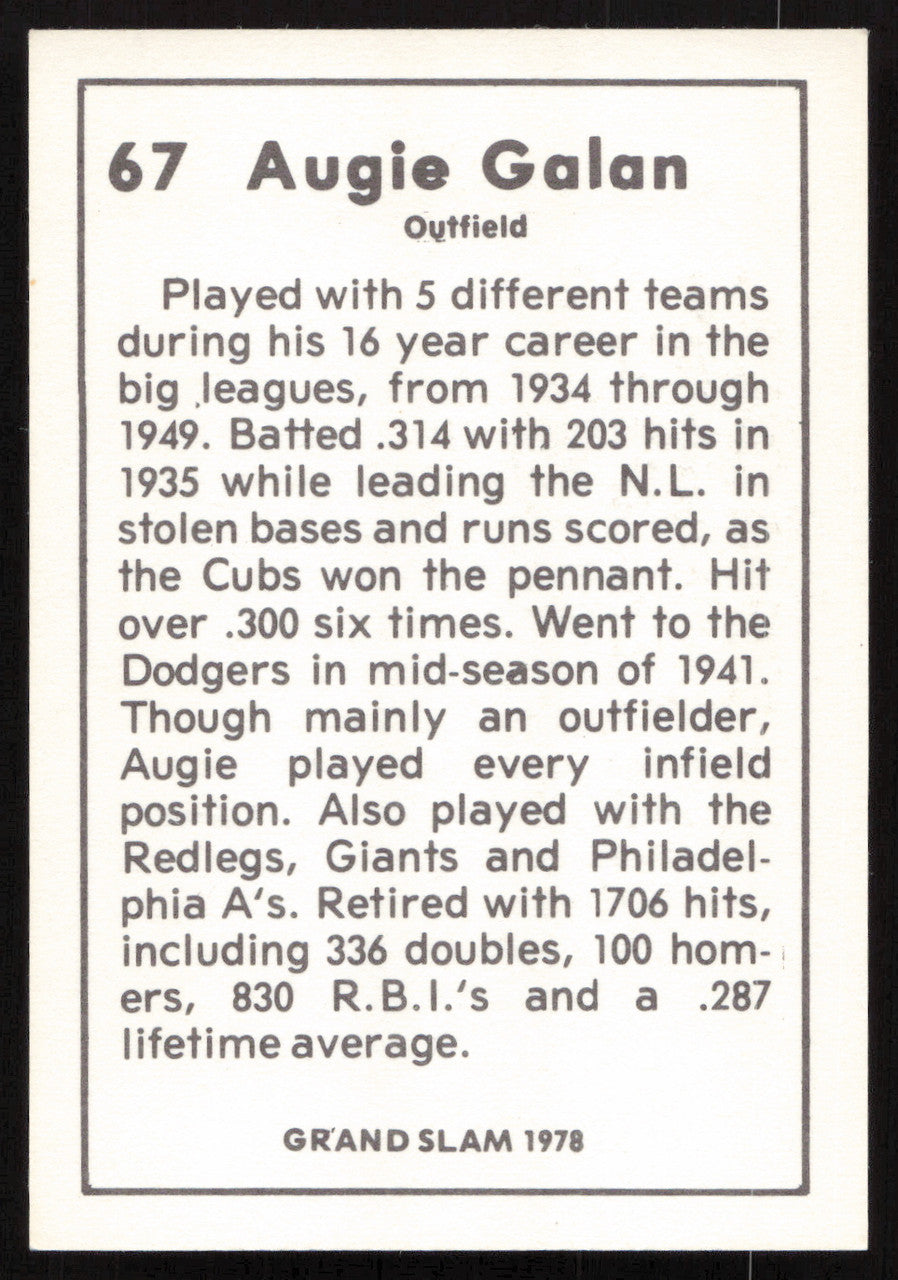 Augie Galan Autographed 1978 Grand Slam Card #67 Chicago Cubs SKU #264524