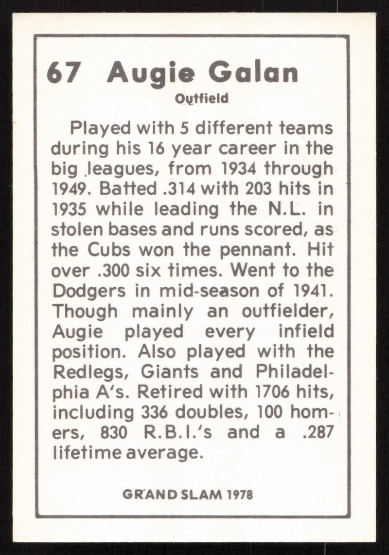 Augie Galan Autographed 1978 Grand Slam Card #67 Chicago Cubs SKU #264524