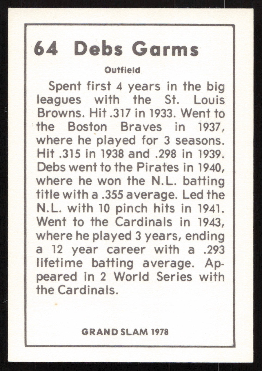 Debs Garms Autographed 1978 Grand Slam Card #64 St. Louis Cardinals SKU #264525