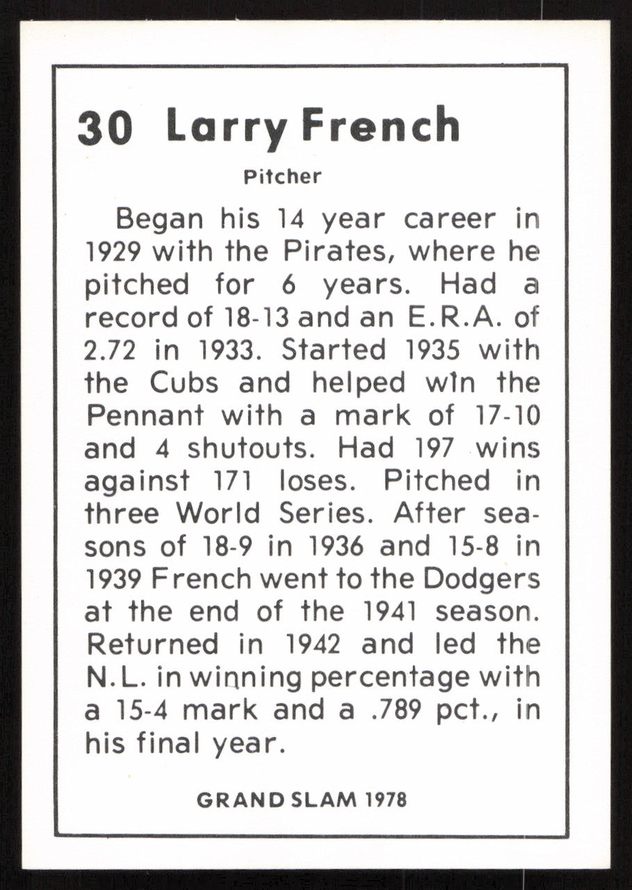 Larry French Autographed 1978 Grand Slam Card #30 Cincinnati Reds SKU #264526
