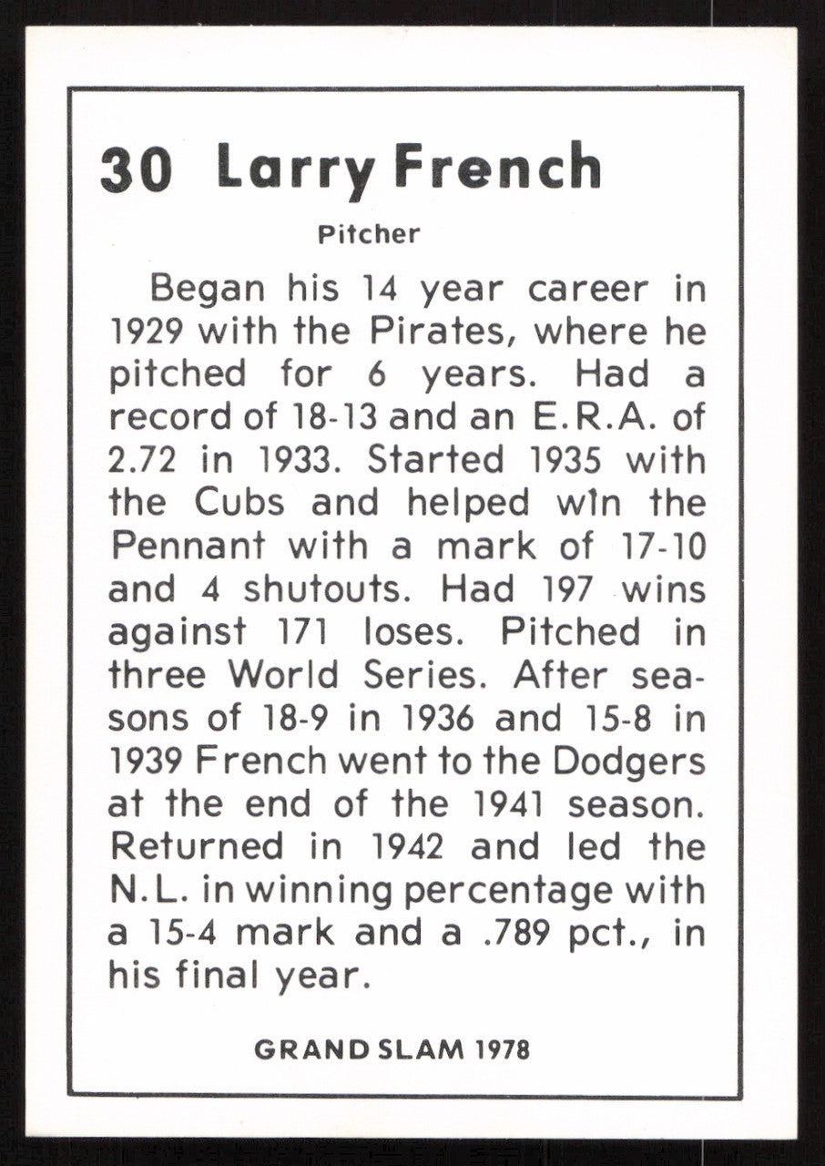 Larry French Autographed 1978 Grand Slam Card #30 Cincinnati Reds SKU #264527
