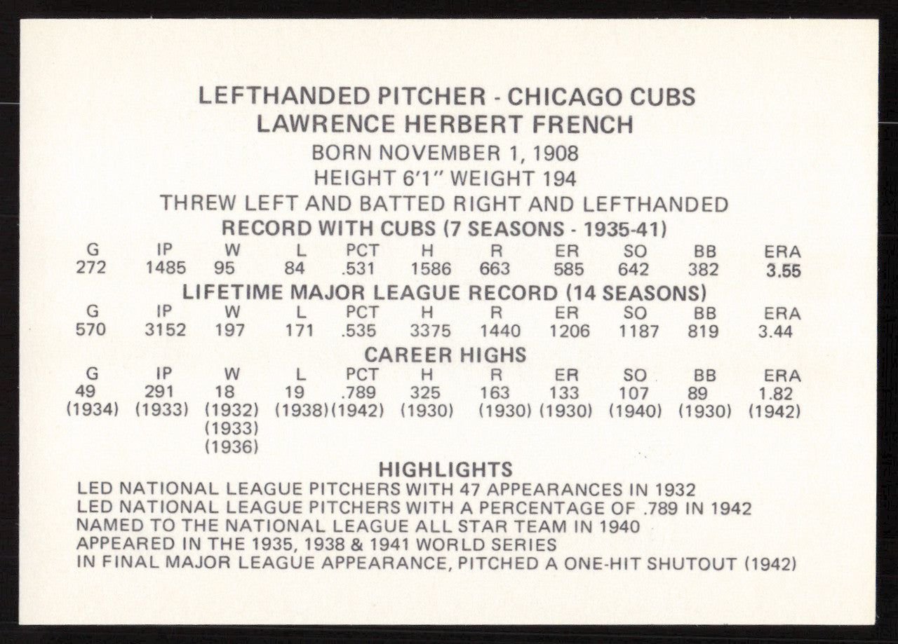 Larry French Autographed 1976 Chicago's Greats Card Chicago Cubs SKU #264537