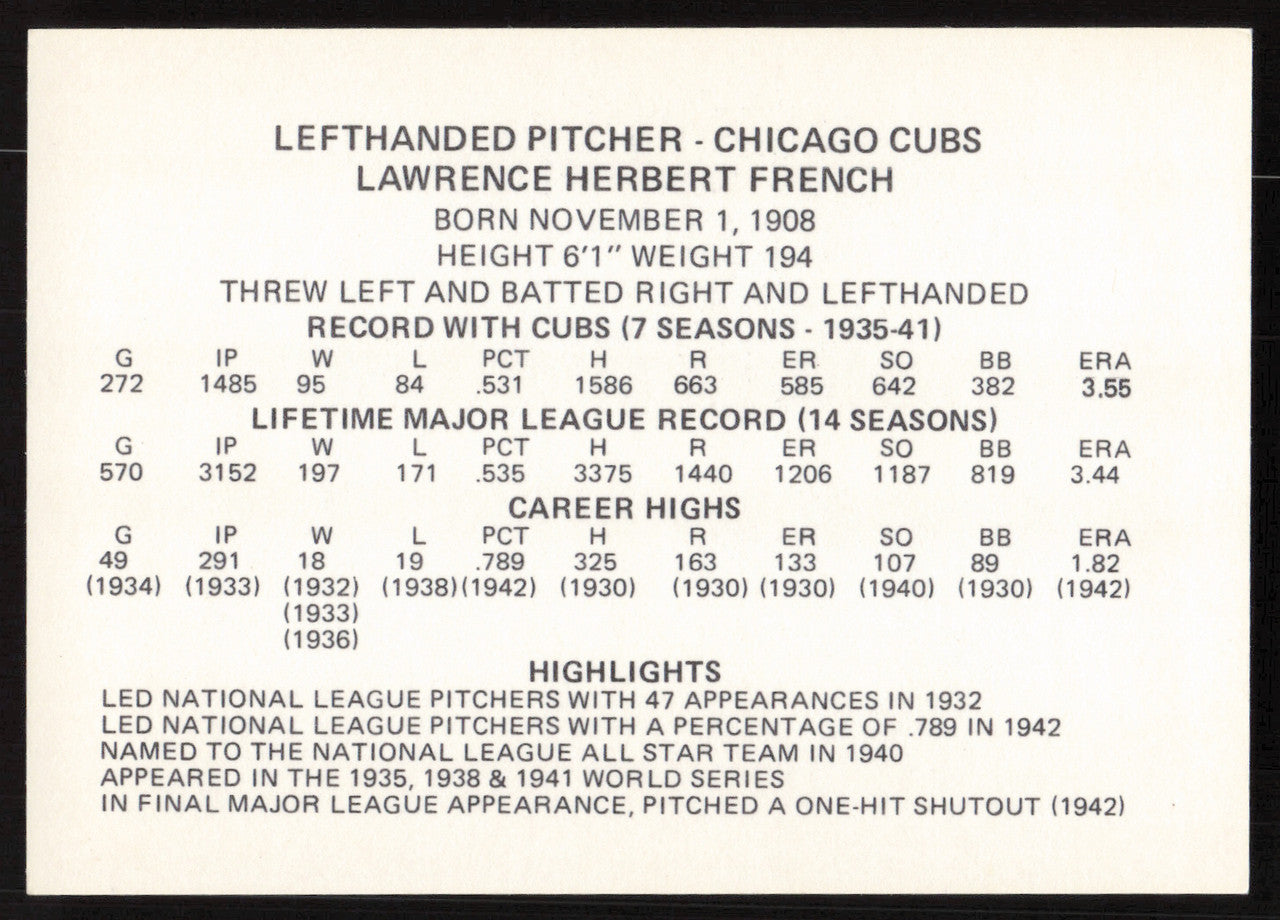 Larry French Autographed 1976 Chicago's Greats Card Chicago Cubs SKU #264538