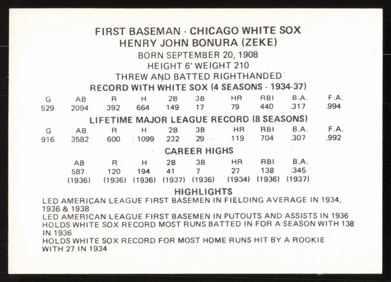 Zeke Bonura Autographed 1976 Chicago's Greats Card Chicago White Sox Black Border SKU #264539