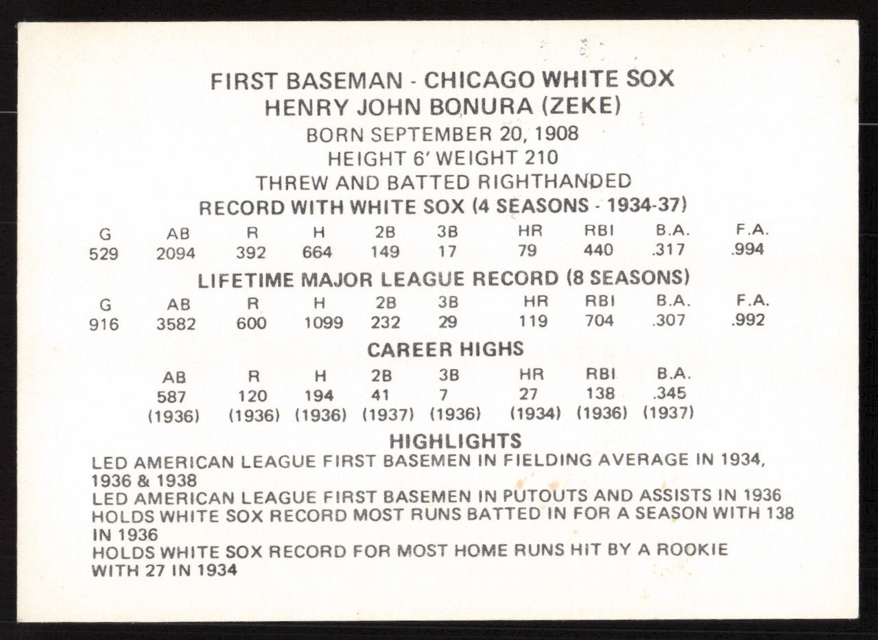 Zeke Bonura Autographed 1976 Chicago's Greats Card Chicago White Sox Black Border SKU #264540