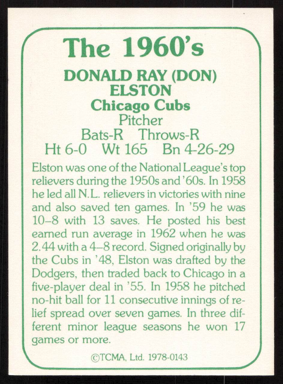 Don Elston Autographed 1978 TCMA Card #143 Chicago Cubs SKU #264546