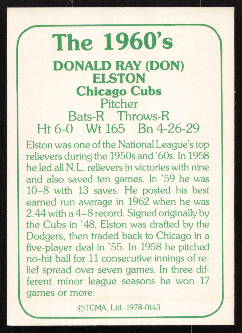 Don Elston Autographed 1978 TCMA Card #143 Chicago Cubs SKU #264547