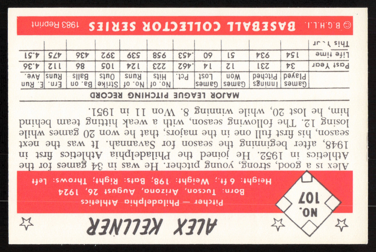 Alex Kellner Autographed 1983 CCC 1953 Bowman Reprint Card #107 Philadelphia A's SKU #264548