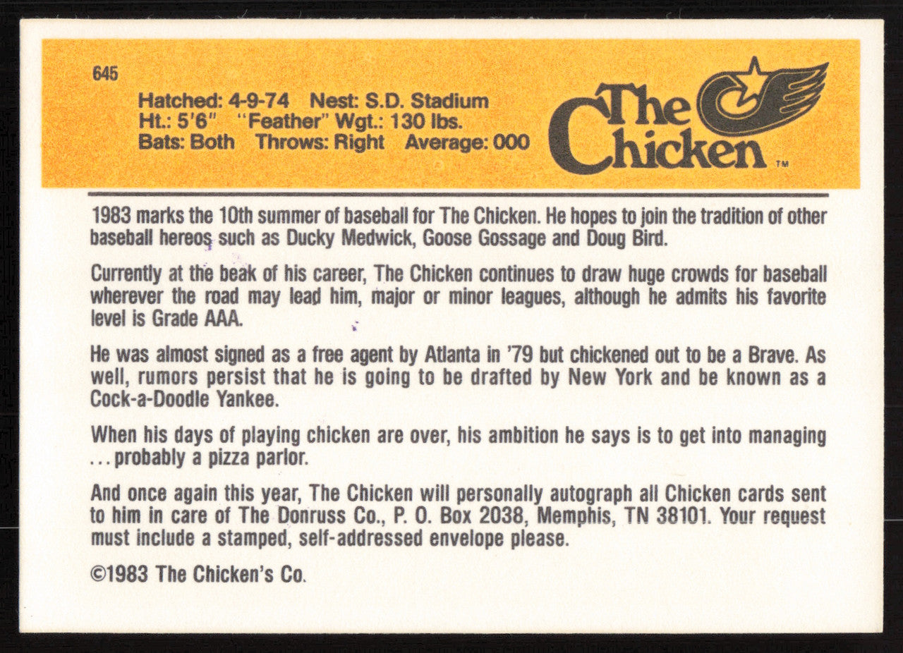 Ted Giannoulas San Diego Chicken Autographed 1983 Donruss Card #645 San Diego Padres SKU #264552