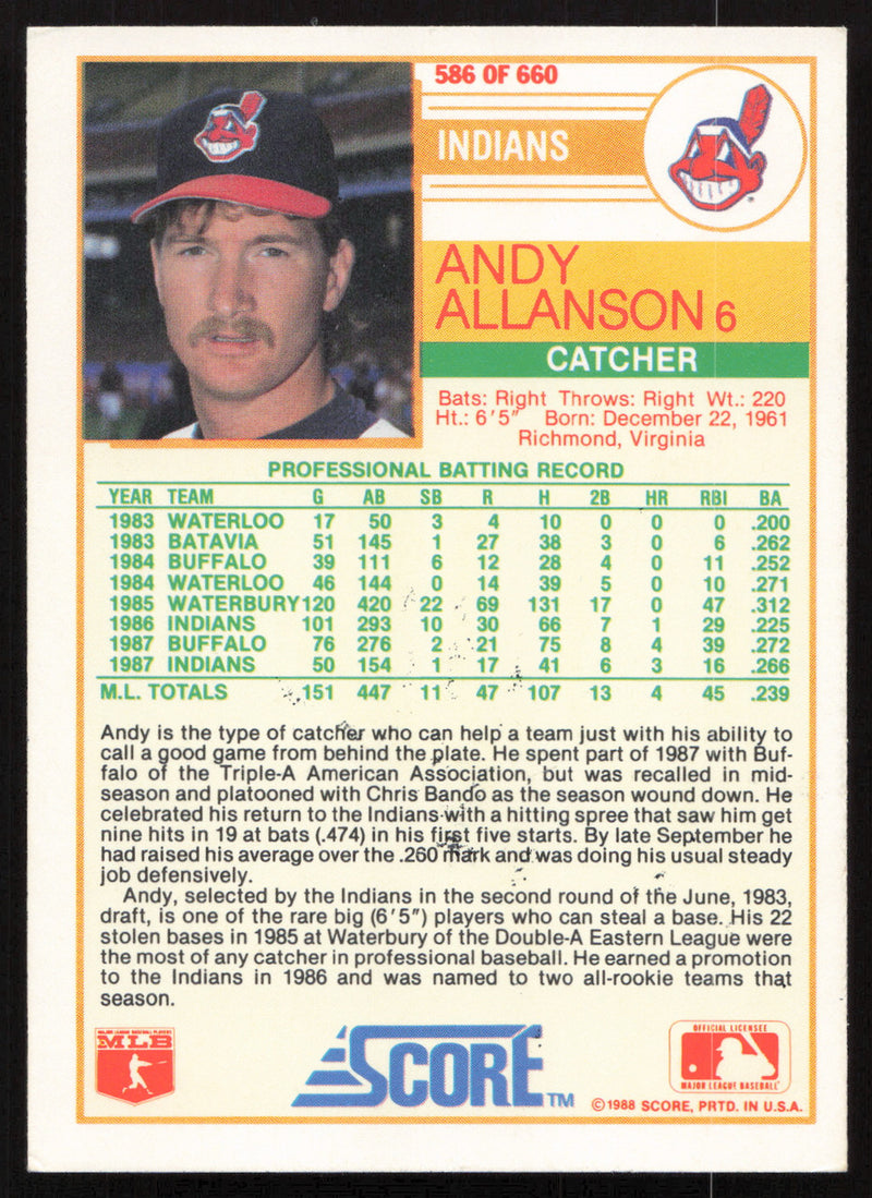 Andy Allanson Autographed 1988 Score Card #586 Cleveland Indians SKU #264576