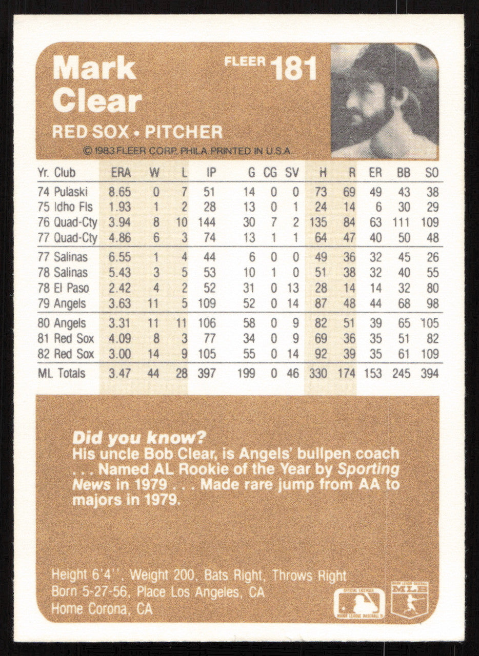 Mark Clear Autographed 1983 Fleer Card #181 Boston Red Sox SKU #264584