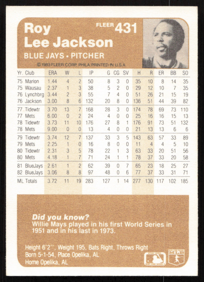 Roy Lee Jackson Autographed 1983 Fleer Card #431 Toronto Blue Jays SKU #264590