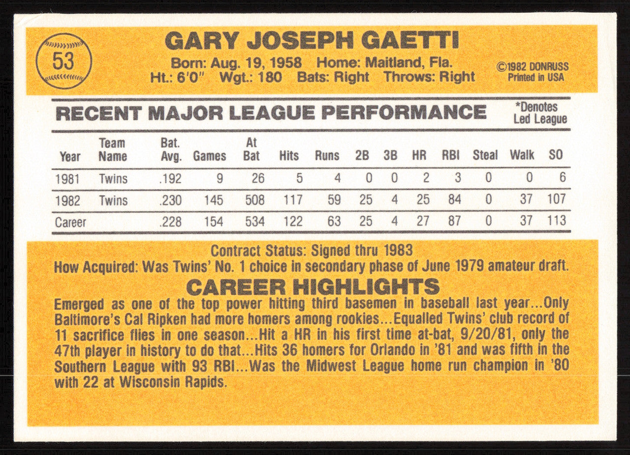 Gary Gaetti Autographed 1983 Donruss Rookie Card #53 Minnesota Twins SKU #264606