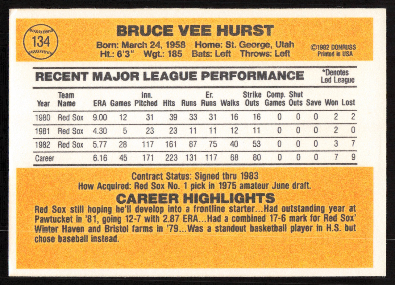 Bruce Hurst Autographed 1983 Donruss Card #134 Boston Red Sox SKU #264614