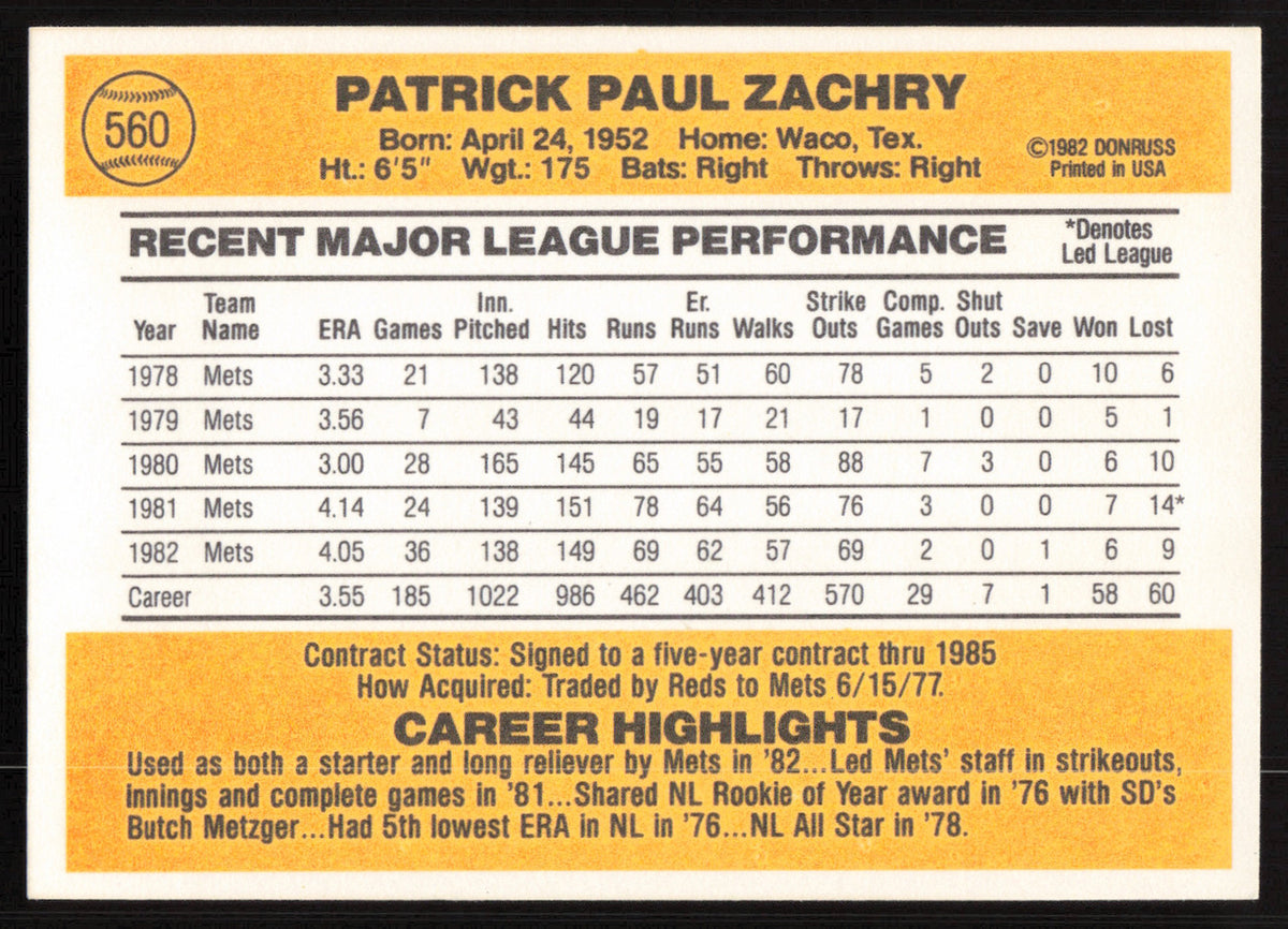 Pat Zachry Autographed 1983 Donruss Card #560 New York Mets SKU #264636