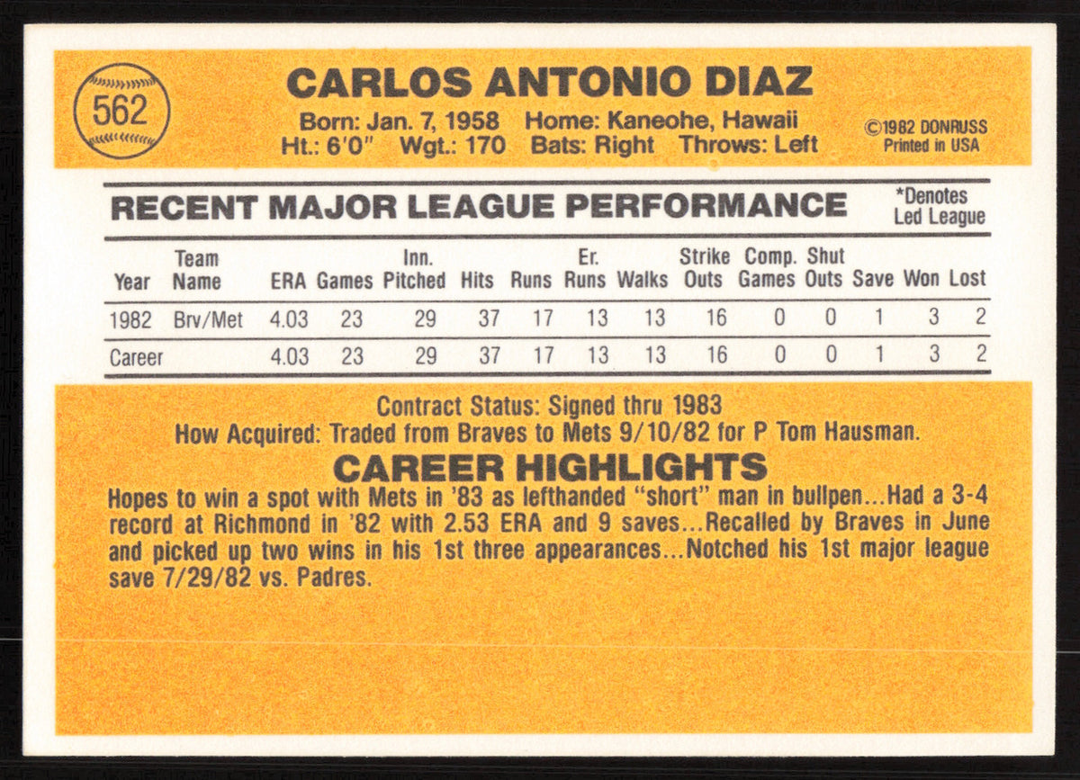 Carlos Diaz Autographed 1983 Donruss Card #562 Atlanta Braves SKU #264637