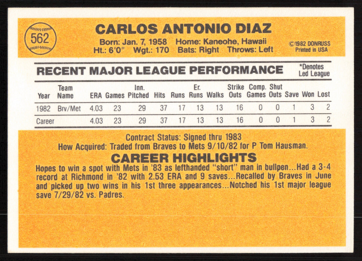 Carlos Diaz Autographed 1983 Donruss Card #562 Atlanta Braves SKU #264638